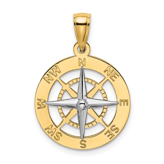 14k Two Tone Gold with Rhodium Plated Nautical Compass White Needle Charm Pendant Fine Jewelry For Women Gifts For Her