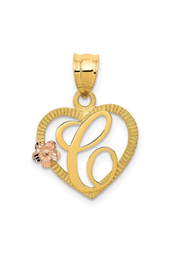 14k Two Tone Gold Heart Flower Design Script Letter C Initial Charm Pendant