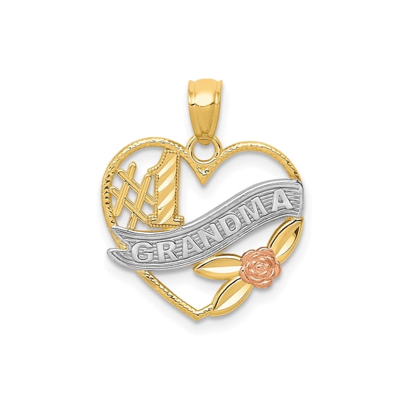 14k Two-Tone Heart Pendant Necklace for Women with Silver Number One Grandma, Gold Leaf Accents, Rose Flower, Sentimental Jewelry for Grandmother, Open Design, Keepsake Accessory