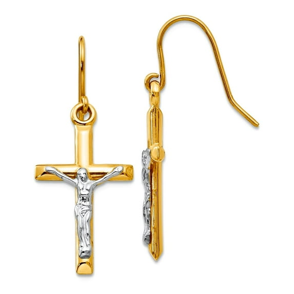 14k Two-Tone Hollow Shepherd hook Gold Polished Crucifix Earrings 30x12mm Wide Stud Earring for Women