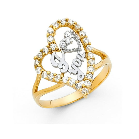 14k Two Tone Italian Solid Gold CZ I Love You in Heart Ring 20mm