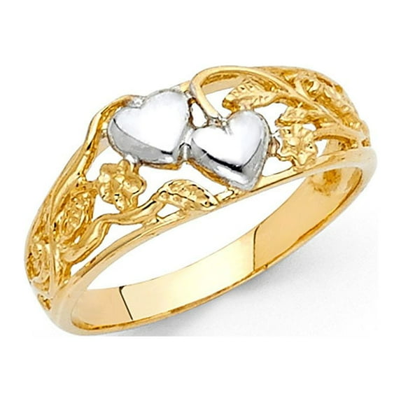 14k Two Tone Italian Solid Gold Flower Leaves Hearts Ring 8mm