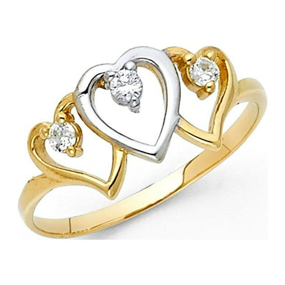 14k Two Tone Italian Solid Gold Round CZ Triple Heart Ring 10mm