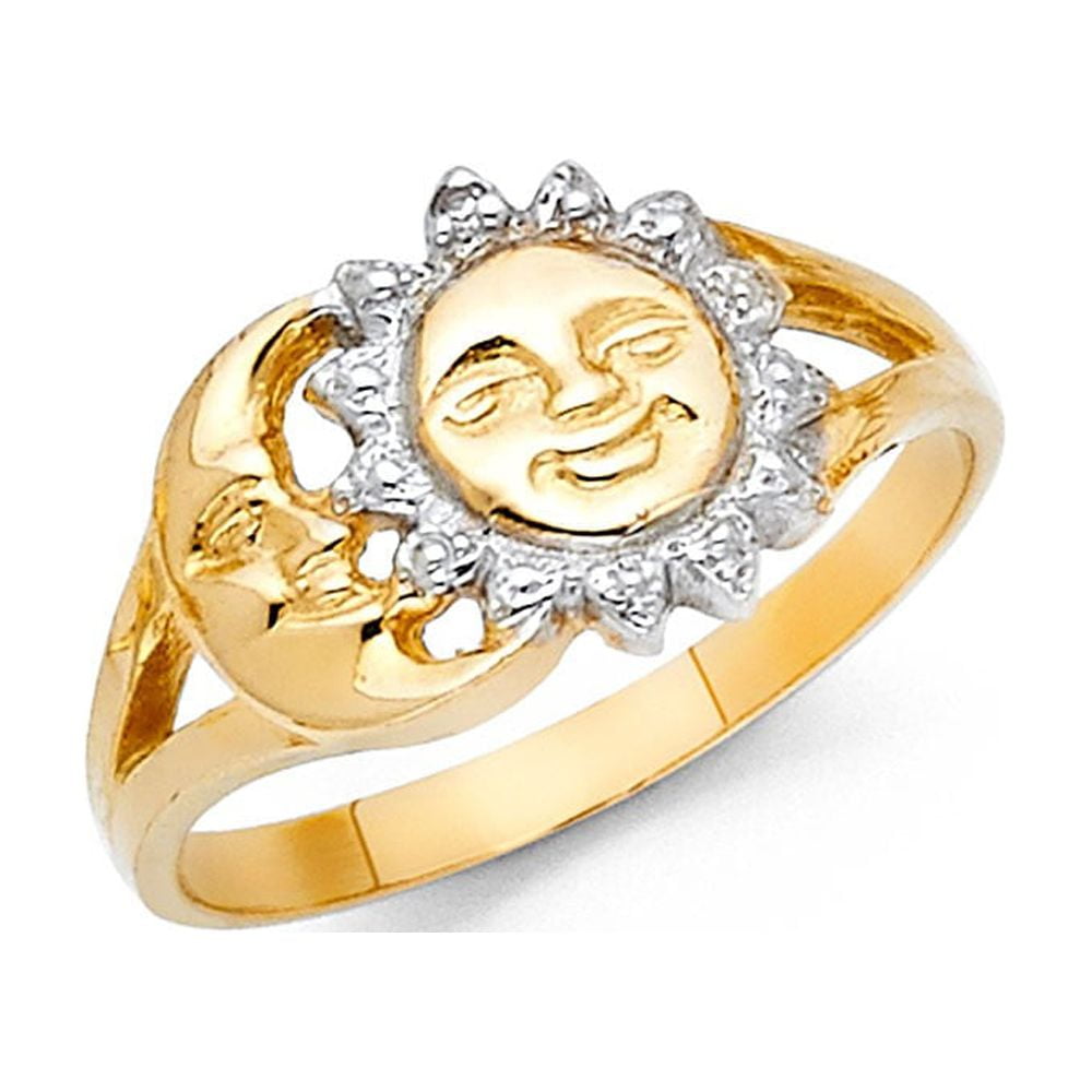 14k Two Tone Italian Solid Gold Sun & Moon Pattern Ring 10mm