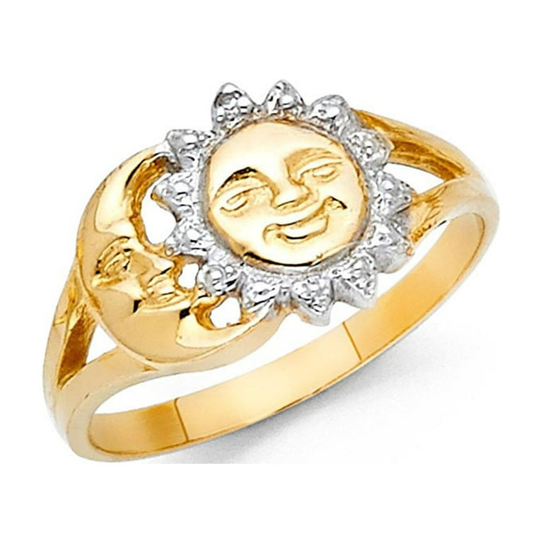 14k Two Tone Italian Solid Gold Sun & Moon Pattern Ring 10mm
