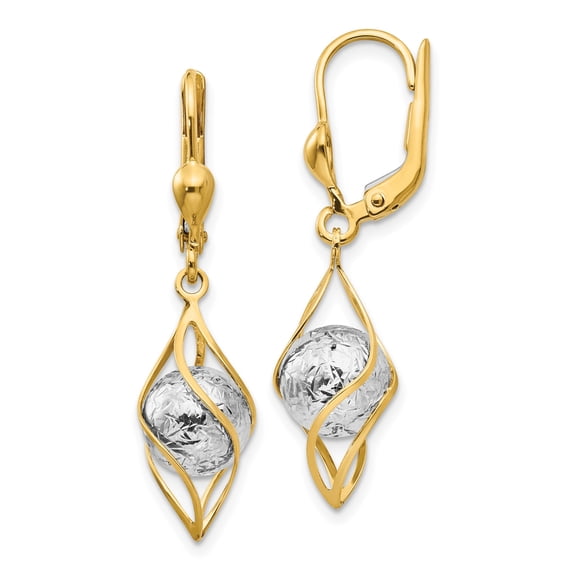14k Two-Tone Gold Twisted Open Dangle Earrings with Textured Ball, Leverback