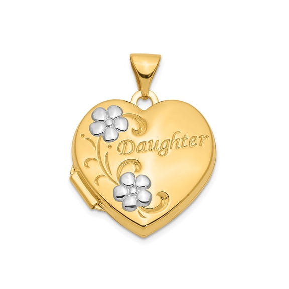 14k Two-Tone Polished Holds 2 photos Gold Daughter Floral 18mm Love Heart Locket Locket Necklace for Women
