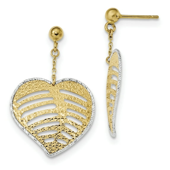 14k Two-Tone Polished Textured Filigree Heart Dangle Post Earrings TH944