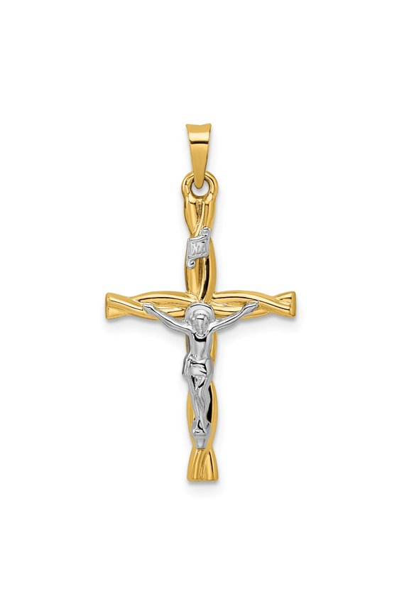 14k Two Tone Real Gold Crucifix Cross Pendant for Men and Women with INRI Inscription Twisted Design Polished Yellow Gold Christian Necklace Spiritual Jewelry