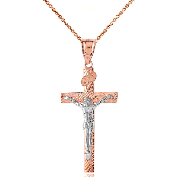 14k Two-Tone Rose Gold Crucifix Pendant Jesus Cross Necklace (1.44") MEDIUM (16 Inches)