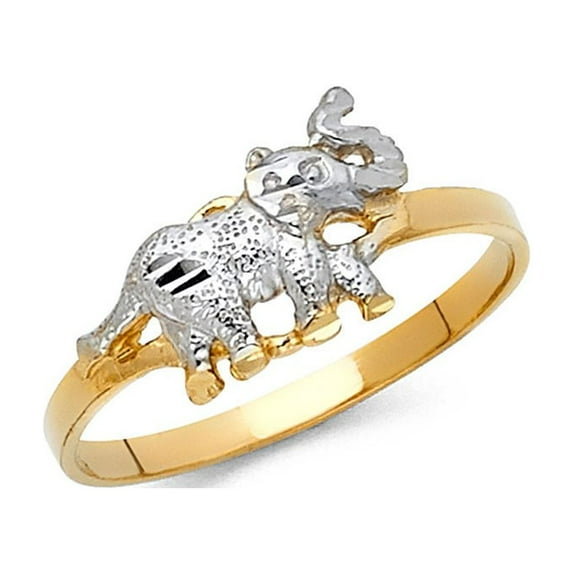 14k Two Tone Solid Gold DC Lucky Curved Elephant Charm Ring 9mm