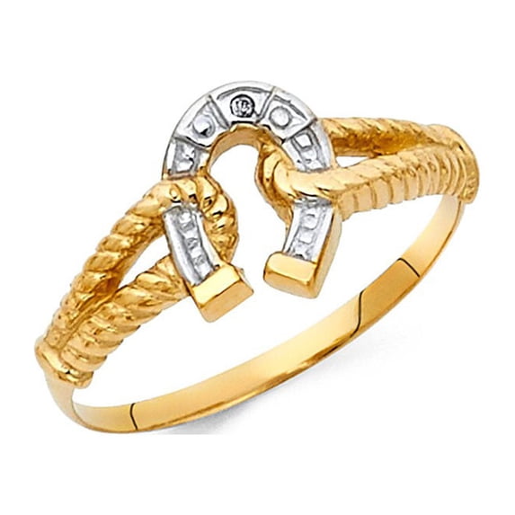 14k Two Tone Solid Italian Gold Lucky Rope Shank Horseshoe Ring 10mm