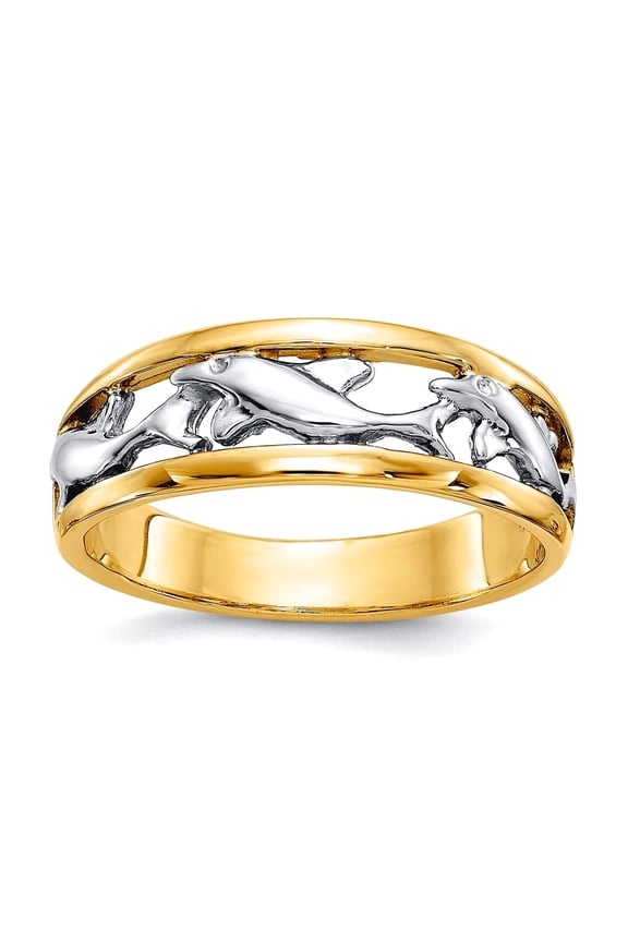 14k Two-Tone Solid Polished Gold Dolphin Ring Size 6 Ring for Women - 3.1 Grams