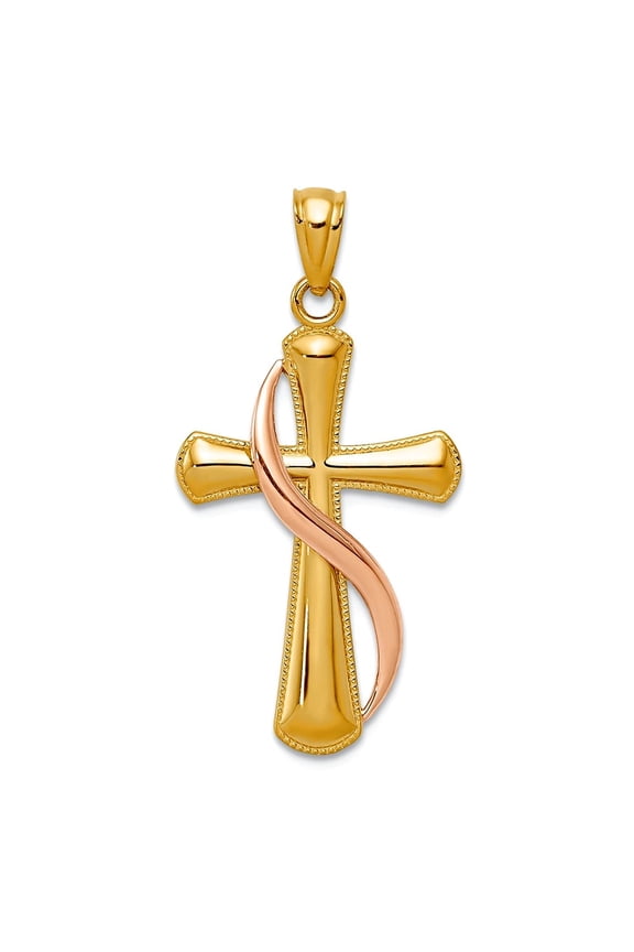 14k Two-Tone Textured Polished Gold Flame Religious Faith Cross Pendant Necklace 21x14mm Pendant for Women