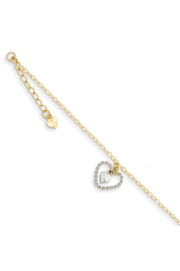 14k Two Tone Textured Polished Spring Ring Gold Twisted and Sparkle Cut Love Hearts With 1inch Ext Anklet 9 Inch - Ankle
