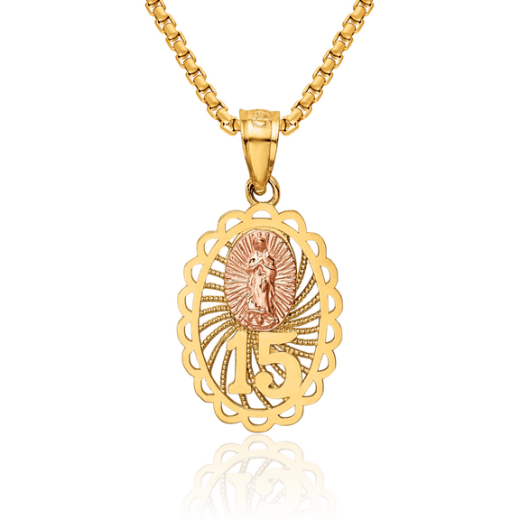 14K Solid Two Tone Gold Anos Quinceanera Sweet 15 Years Old Birthday Our Lady of Guadalupe Virgin Mary Necklace Virgencita Maria Rosa Pendant Catholic Christian Holy Mother Medallion Charm