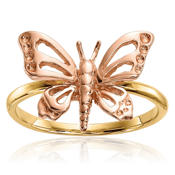 14K Solid Two Tone Gold Butterfly Wings Statement Ring