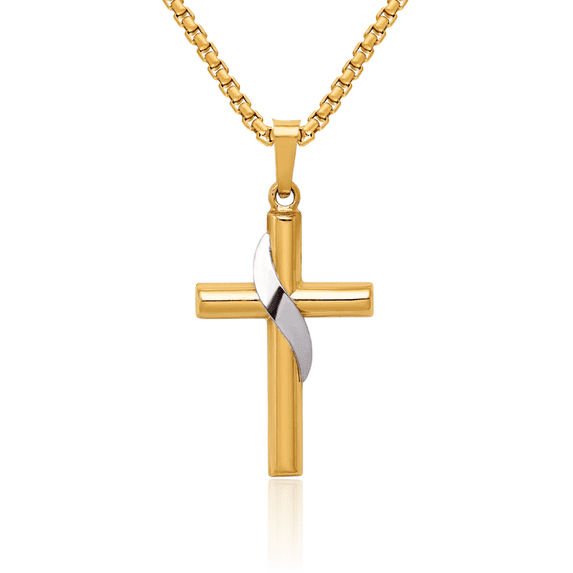 14K Solid Two Tone Gold Holy Draped Cross Necklace Religious Chain Pendant Jesus Christ Charm
