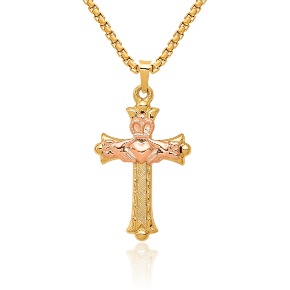 14K Solid Two Tone Gold Heart Irish Claddagh Celtic Holy Cross Necklace Religious Chain Pendant Jesus Christ Charm Jewelry with chain 16inch