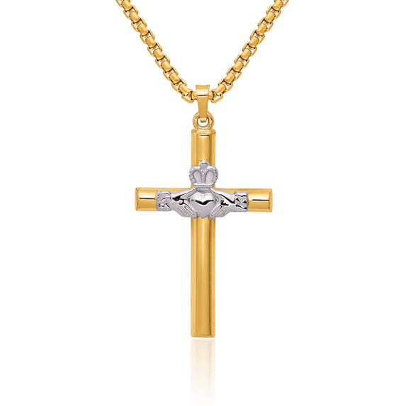 14K Solid Two Tone Gold Heart Irish Claddagh Celtic Holy Cross Necklace Religious Chain Pendant Jesus Christ Charm Jewelry