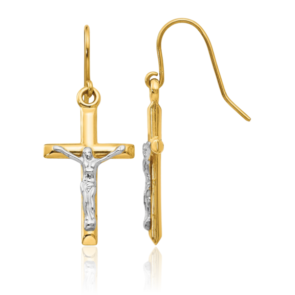 ICE CARATS 14K Solid Two Tone Gold Medium Jesus Crucifix Dangle Earrings - 30mm 1.2 inch - Shepherd Hook Women's