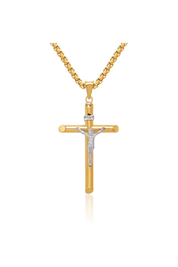 14K Solid Two Tone Gold Lord Jesus Christ Crucifix Holy Cross Necklace Religious Chain Pendant Charm