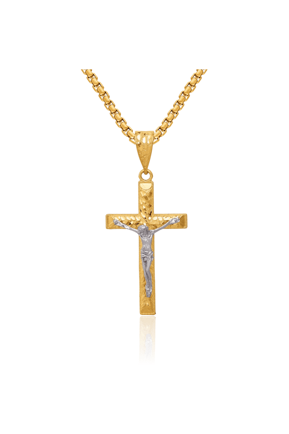 14K Solid Two Tone Gold Lord Jesus Christ Crucifix Holy Cross Necklace Religious Chain Pendant Charm