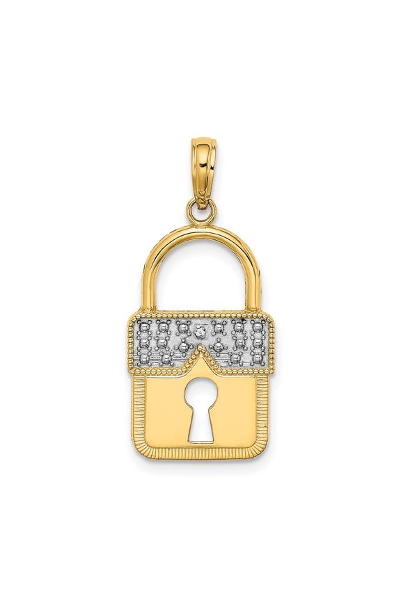 14k Yellow Gold Padlock Pendant Charm, Polished Textured Lock Jewelry