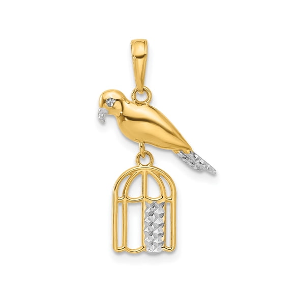 14k Two-Tone Yellow and Rhodium Gold Parrot and Birdcage Pendant for Women, Polished Animal Charm Necklace Accessory, Symbolic Statement Fine Jewelry