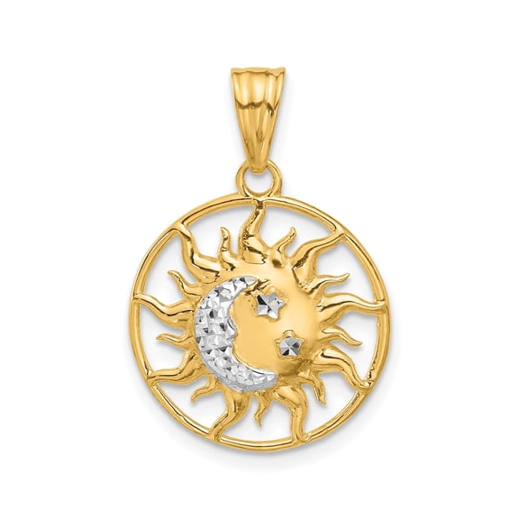 14k Two-Tone Yellow and Rhodium Gold Sun and Moon Pendant for Women with Diamond-Cut Celestial Design, Spiritual Cosmic Symbolic Jewelry