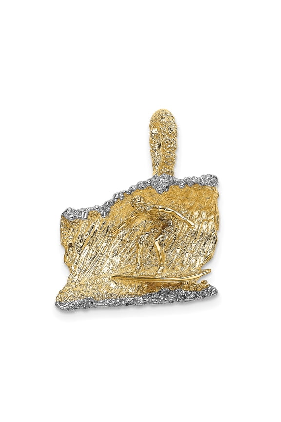 14k Two-Tone Gold Surfer Wave Pendant Charm, Polished 3D Ocean Jewelry for Men