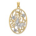 thumbnail image 1 of 14k Two-Tone Gold Solid Open Back Textured Polished Finish Butterfly and Flowers in Oval Frame Charm Pendant, 1 of 4