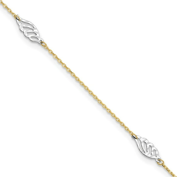 14k Two-tone Anklet 9 inch 1 mm Diamond-cut Polished Leaf 9in Plus 1in ext.