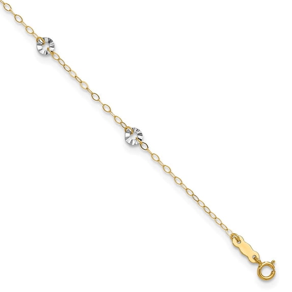 14k Two-tone Anklet 9 inch mm Oval Chain with Wavy Circles 9in Plus 1in Ext