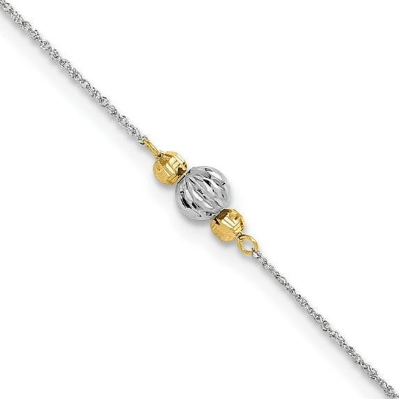 14k Two-tone Anklet 9 inch mm White Gold Ropa Diamond Cut Bead 9in Plus 1in Ext.