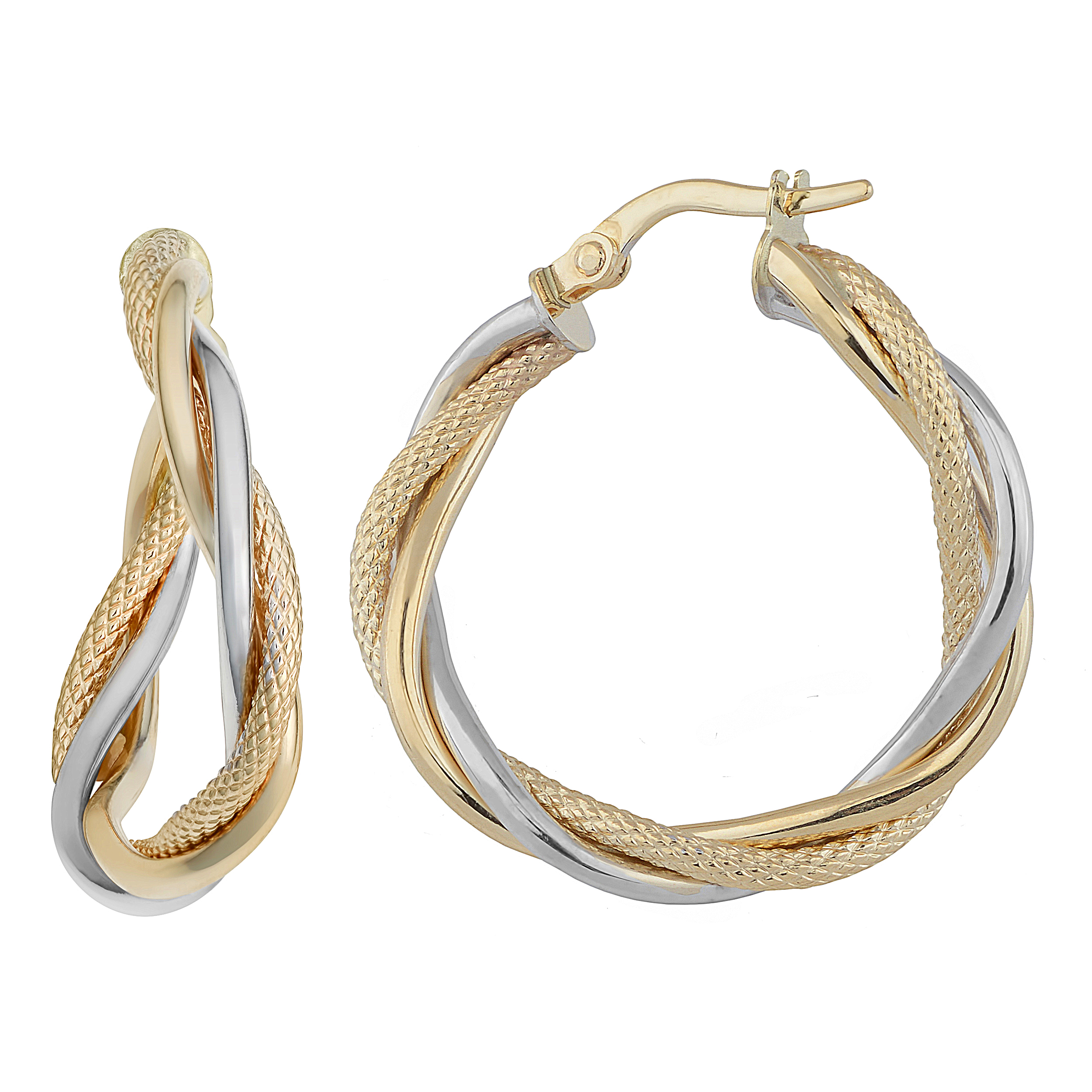 FREMADA KoolJewelry 14k Two-tone Gold 3x20mm Interwoven Round Hoop Earrings