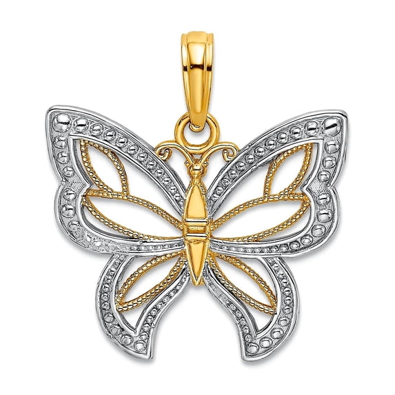 14k Two-tone Gold Butterfly With White Beaded Angel Wings Charm 22.8x19.95mm Wide Pendant Necklace for Women