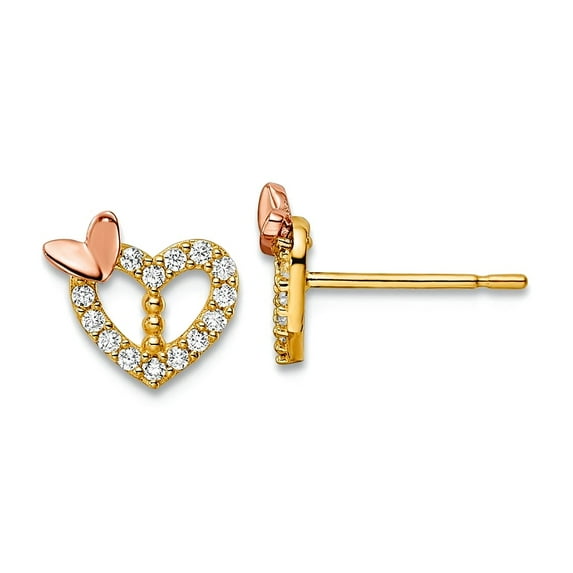 14k Two-tone Gold Cubic Zirconia Love Heart With Butterfly Angel Wings Post Earrings 7.75x8.5mm Wide Stud Earring for Wo