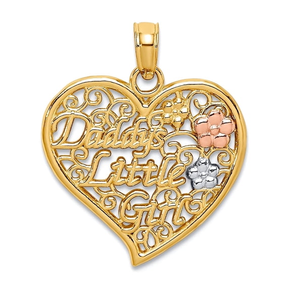 14k Two-tone Gold Daddys Little In Filigree Love Heart Pendant Necklace With Pnk and Wht Flowers 21.15x17.45mm Wide Pend
