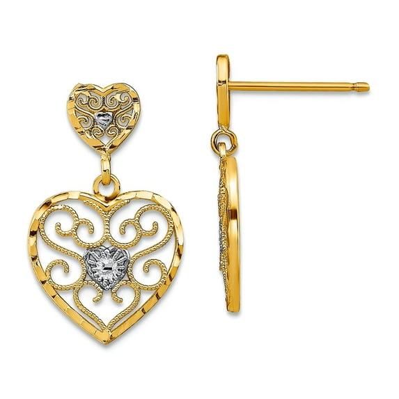 14k Two-tone Gold Double Filigree Beaded Love Heart Pendant Necklace Dangle 20.73x12.85mm Wide Pendant for Women
