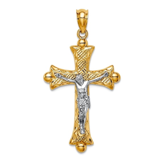 14k Two-tone Gold Florentine Crucifix 33x17mm Wide Pendant Necklace for Women - 1.5 Grams