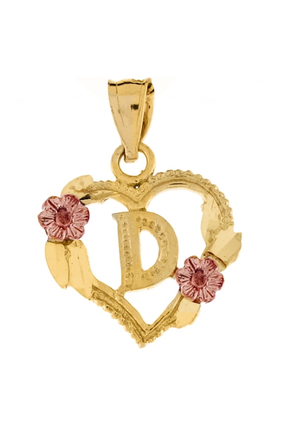 14k Two-tone Gold Flower and Heart-shaped Initial 'D' Pendant