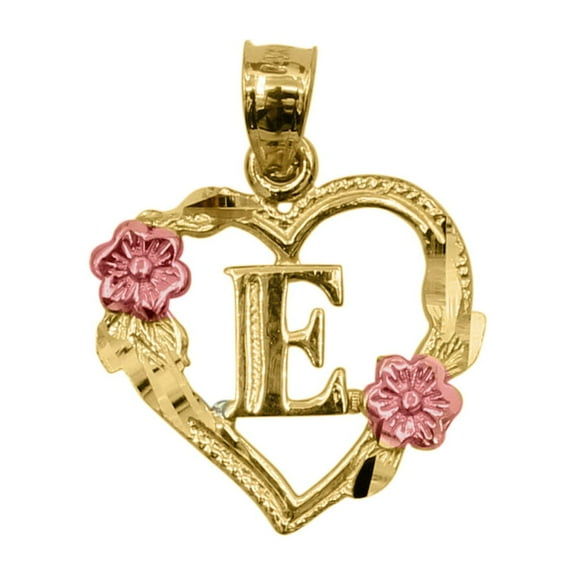 14k Two-tone Gold Flower and Heart-shaped Initial 'E' Pendant