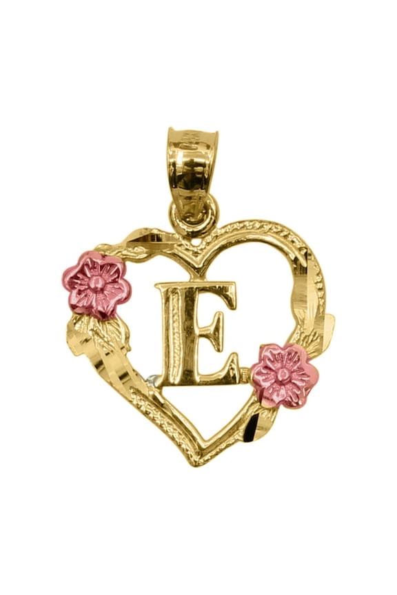 14k Two-tone Gold Flower and Heart-shaped Initial 'E' Pendant