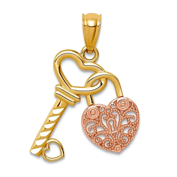 14k Solid Gold Two-tone Key and Love Heart Pendant Necklace 22.5mm long Pendant for Women - .8 Grams