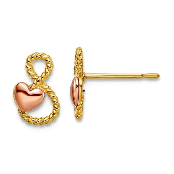 14k Two-tone Gold Love Heart Post Earrings 9x6mm Wide Stud Earring for Women - .6 Grams