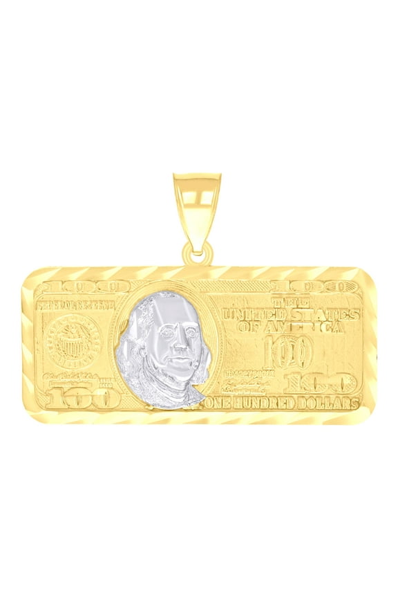 14k Two-tone Gold Mens 100 Dollar Bill Currency Fashion Charm Pendant for Men