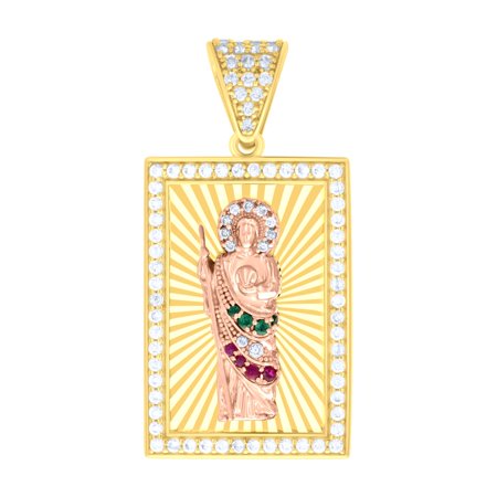 14k Two-tone Gold Mens Green/Pink White Cubic-Zirconia St. Jude Religious Charm Pendant