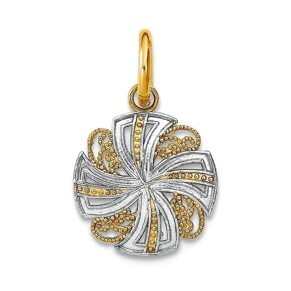 14k Two-tone Gold Mini Pinwheel Medallion Pendant Necklace Sparkle-Cut and Two-color O-ring Pendant for Women