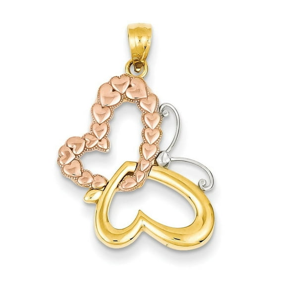 14k Two-tone Gold & Rhodium Butterfly & Hearts Pendant